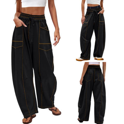Womens Baggy Barrel Pants Wide Leg Lounge Drawstring Sweatpants with Pockets Bottoms Womenswear
