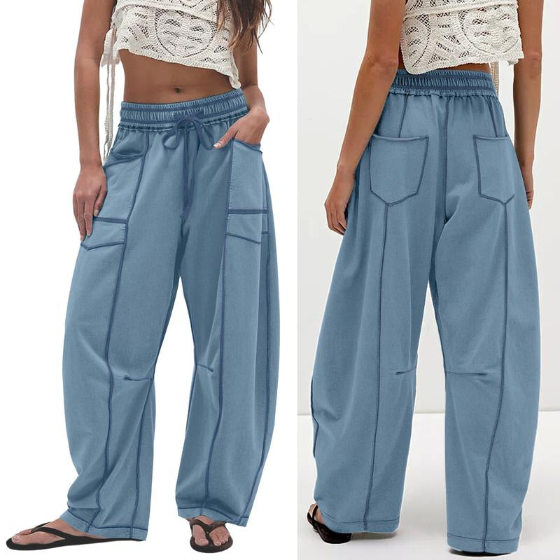 Womens Baggy Barrel Pants Wide Leg Lounge Drawstring Sweatpants with Pockets Bottoms Womenswear