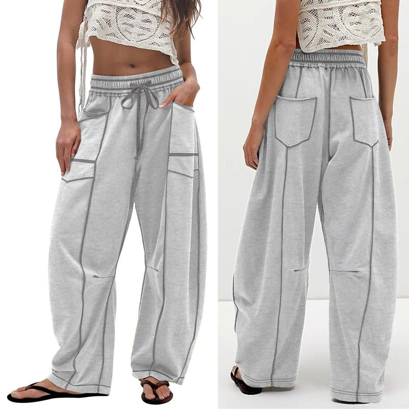 Womens Baggy Barrel Pants Wide Leg Lounge Drawstring Sweatpants with Pockets Bottoms Womenswear