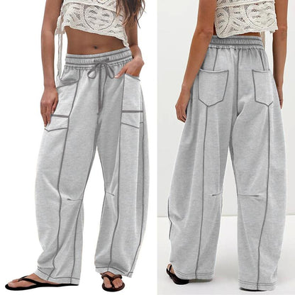 Womens Baggy Barrel Pants Wide Leg Lounge Drawstring Sweatpants with Pockets Bottoms Womenswear