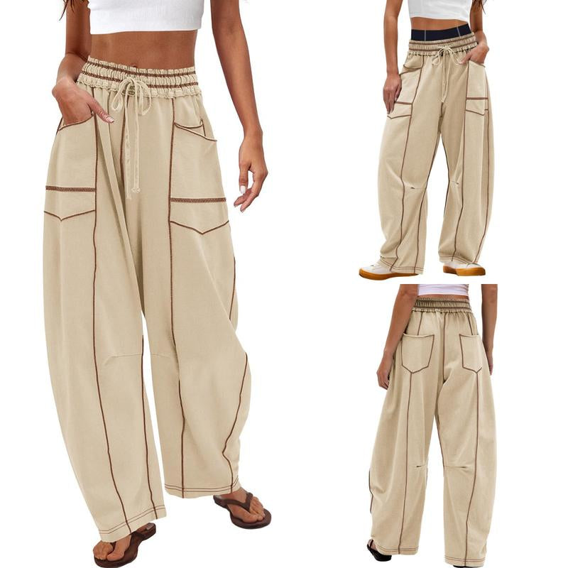 Womens Baggy Barrel Pants Wide Leg Lounge Drawstring Sweatpants with Pockets Bottoms Womenswear