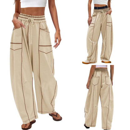 Womens Baggy Barrel Pants Wide Leg Lounge Drawstring Sweatpants with Pockets Bottoms Womenswear