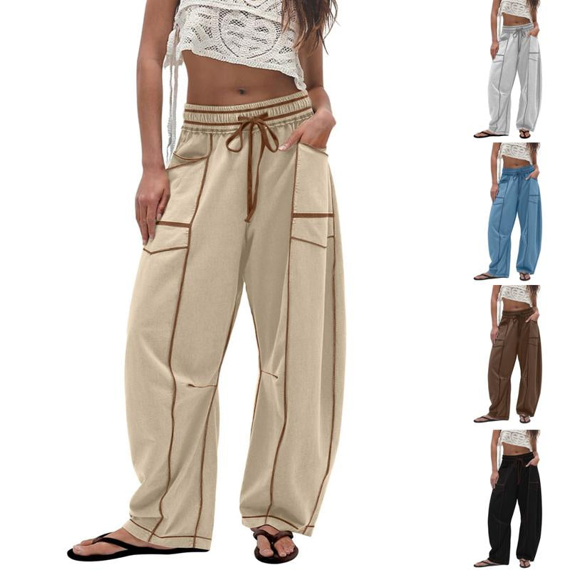 Womens Baggy Barrel Pants Wide Leg Lounge Drawstring Sweatpants with Pockets Bottoms Womenswear